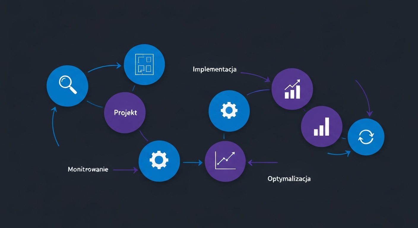 Five-step process with labeled nodes: Analiza, Projekt, Implementacja, Monitorowanie, Optymalizacja.